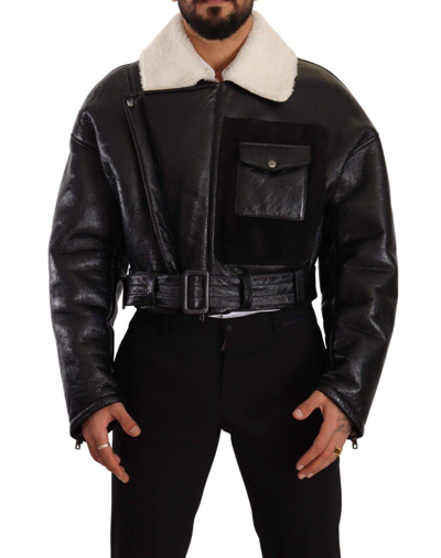 Shop Dolce & Gabbana Black Leather Shearling Biker Coat Jacket