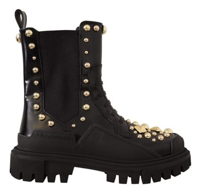 Shop Dolce & Gabbana Black Leather Studded Combat Boots