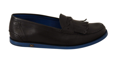 Shop Dolce & Gabbana Black Leather Tassel Slip On Loafers Shoes In Black And Blue