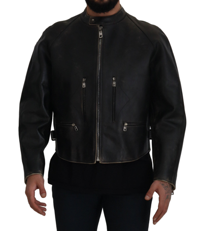 Shop Dolce & Gabbana Black Leather Zipper Biker Coat Jacket