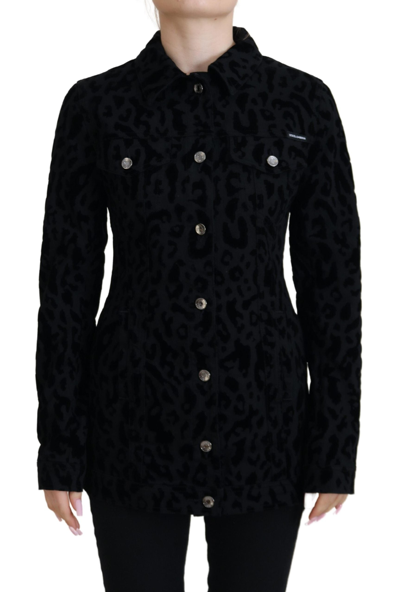 Dolce & Gabbana Black Leopard Long Sleeve Denim Cotton Jacket In Black