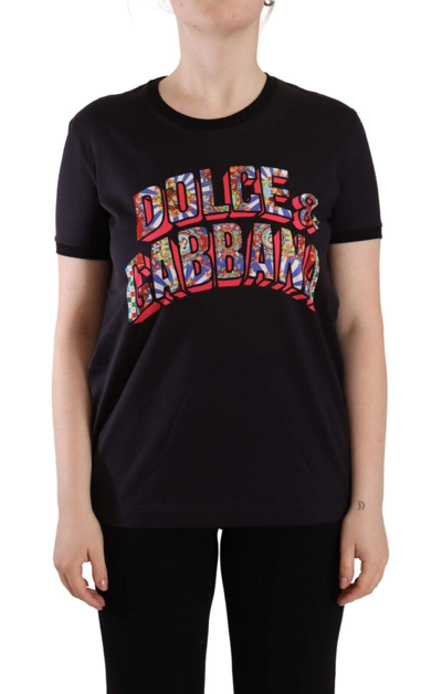 Shop Dolce & Gabbana Black Logo Print Cotton Crew Neck Tee T-shirt