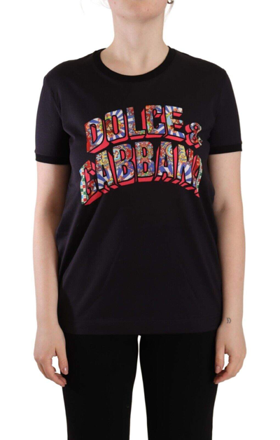 Dolce & Gabbana Black Cotton Large Print Top Crewneck T-shirt In Black