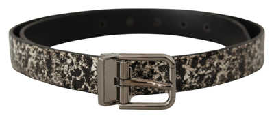 Dolce & Gabbana Black Marble Print Leather Silver Logo Buckle Belt In Black