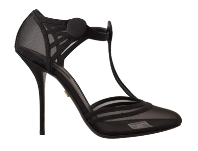 Shop Dolce & Gabbana Black Mesh T-strap Stiletto Heels Pumps Shoes