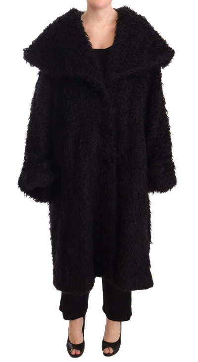 Shop Dolce & Gabbana Black Mohair Fur Cape Trench Coat Jacket