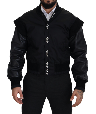Dolce & Gabbana Black Nylon Crystals Coat Buttons Jacket In Black