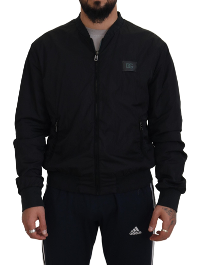 Dolce & Gabbana Black Nylon Hooded Full Zip Bomber Jacket In Black