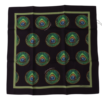 Shop Dolce & Gabbana Black Peacock Feather Dg Printed Square Handkerchief Scarf