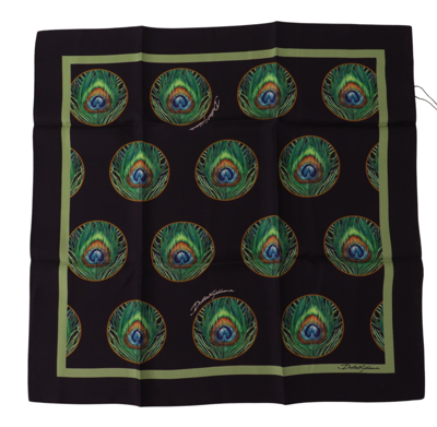 Dolce & Gabbana Black Peacock Feather Dg Printed Square Handkerchief Scarf In Black