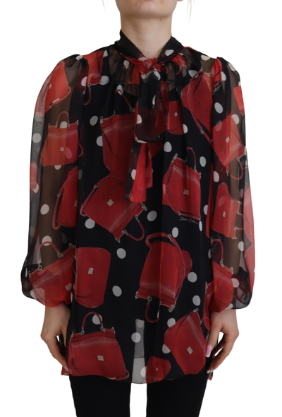 Shop Dolce & Gabbana Black Red Sicily Bag Silk Shirt Top Blouse