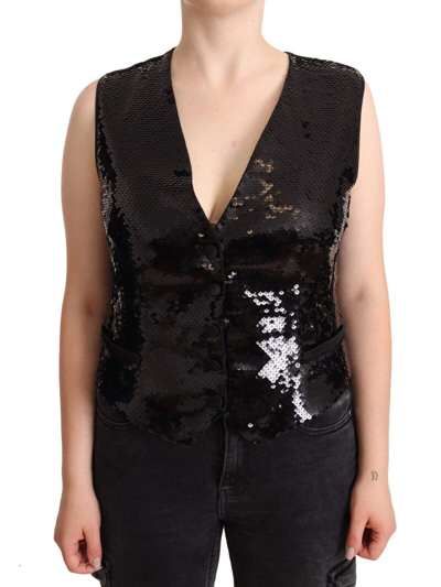 Shop Dolce & Gabbana Black Sequin V-neck Sleeveless Vest Tank Top