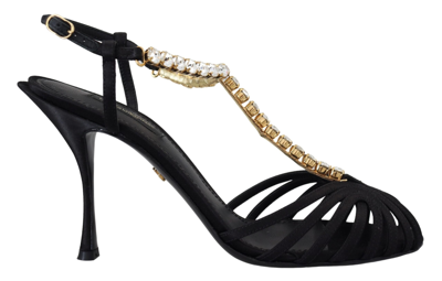 Dolce & Gabbana Black Satin Clear Crystal T-strap Sandal Shoes In Black