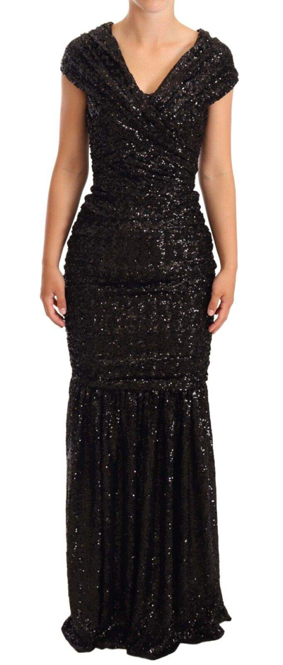 Shop Dolce & Gabbana Black Sequined Open Shoulder Long Gown Dress
