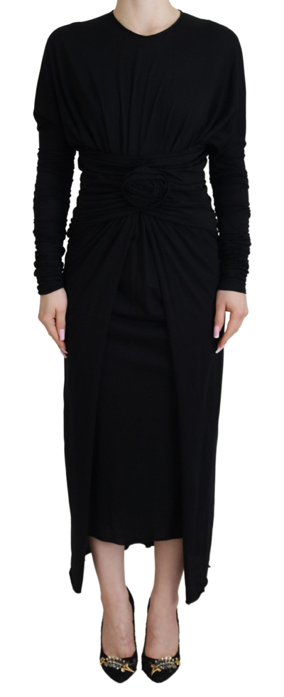 Shop Dolce & Gabbana Black Sheath Midi Gown Wool Wrap Dress
