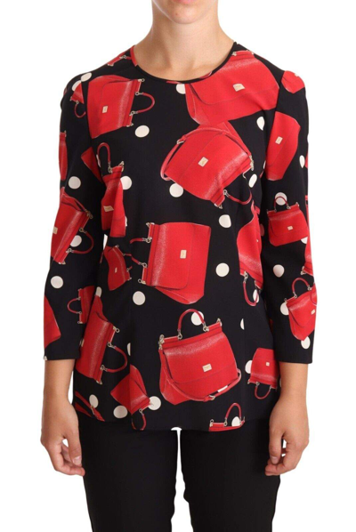 Shop Dolce & Gabbana Black Sicily Bag Print Silk Stretch Top Blouse In Black And Red