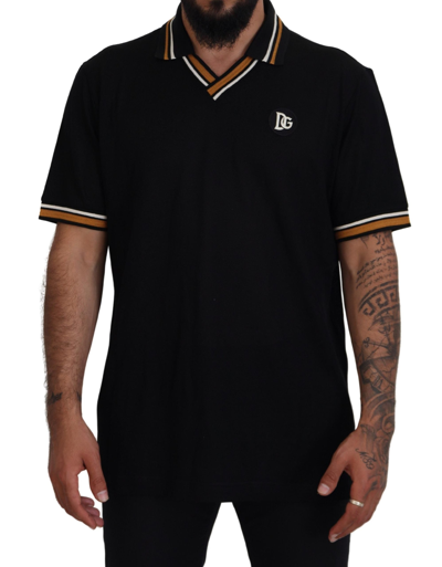 Shop Dolce & Gabbana Black Silk Collar Short Sleeve Polo  T-shirt