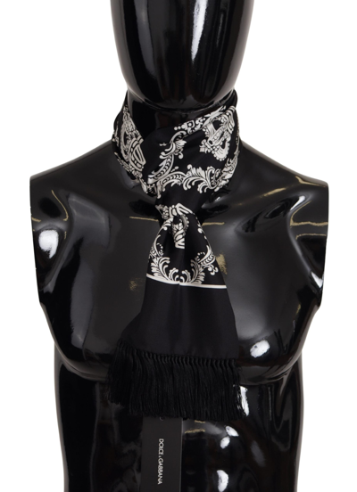 Shop Dolce & Gabbana Black Silk Royal Crown Print Logo Shawl Fringe Scarf
