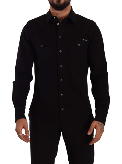 Shop Dolce & Gabbana Black Slim Cotton Denim Stretch Shirt