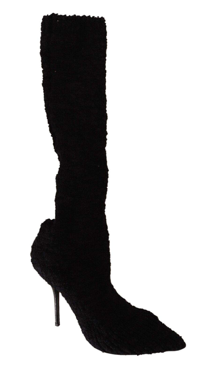 Dolce & Gabbana Black Stretch Socks Knee High Booties Shoes In Black