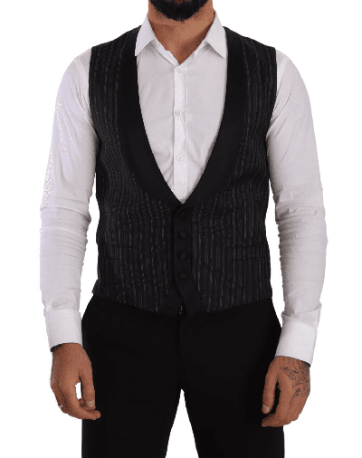 Shop Dolce & Gabbana Black Striped Wool Silk Waistcoat Vest