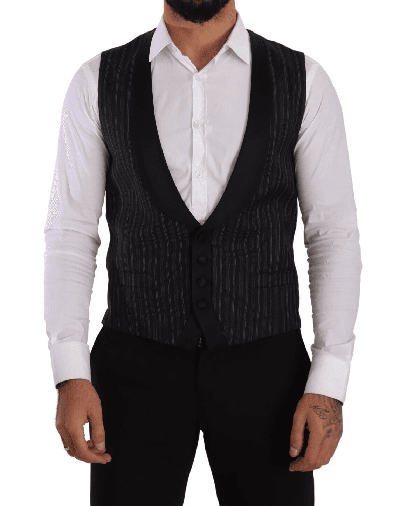 Dolce & Gabbana Black Striped Wool Silk Waistcoat Vest In Black