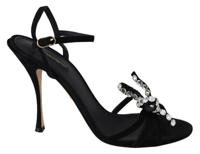 Shop Dolce & Gabbana Black Suede Crystals Heels Sandals Shoes