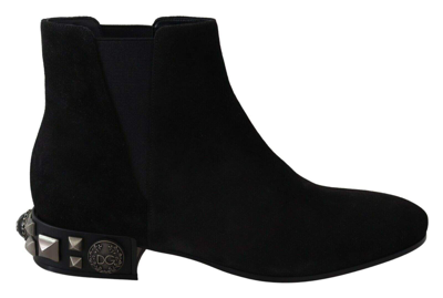 Shop Dolce & Gabbana Black Suede Embellished Studded Boots Shoes
