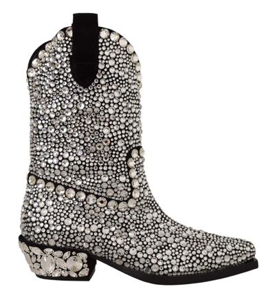 Shop Dolce & Gabbana Black Suede Strass Crystal Cowgirl Boots