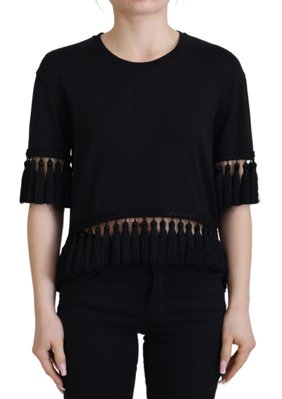 Shop Dolce & Gabbana Black T-shirt Blouse Tassle Cotton Blouse