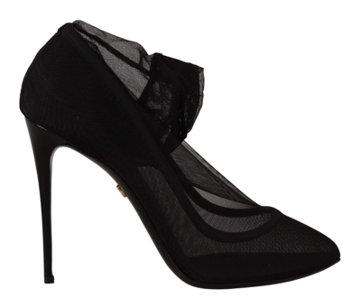 Dolce & Gabbana Black Stretch Tulle Stretch Boots Shoes In Black