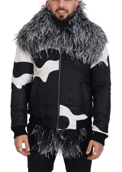 Shop Dolce & Gabbana Black White Fur Shearling Full Zip Jacket In Black And White