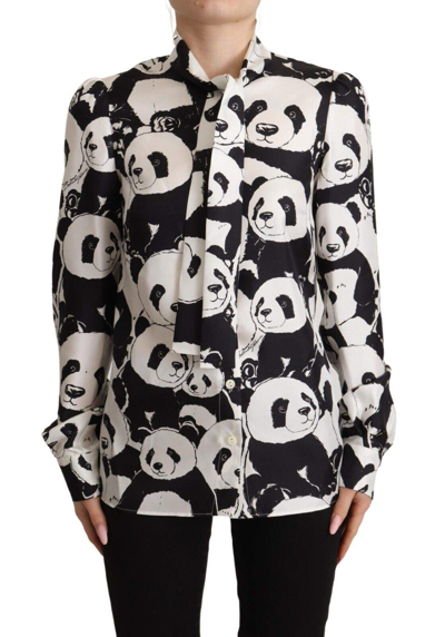 Shop Dolce & Gabbana Black White Panda Print Silk Ascot Collar Top In Black,white