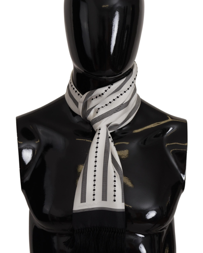 Shop Dolce & Gabbana Black White Silk Polka Dot Print Shawl Fringe Scarf