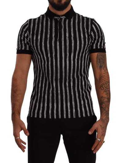 Shop Dolce & Gabbana Black White Striped Polo Short Sleeve  T-shirt