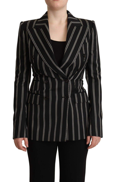 Shop Dolce & Gabbana Black White Stripes Wool Long Sleeves Jacket In Black,white