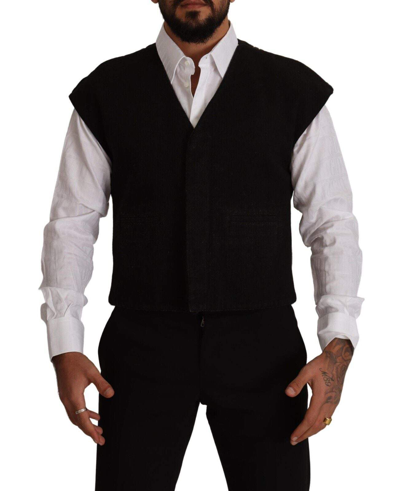 Shop Dolce & Gabbana Black Wool Cotton Dress Waistcoat Vest