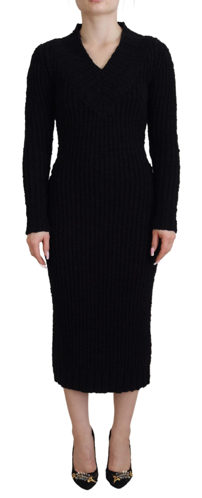 Dolce & Gabbana Black Wool Knitted Sheath Sweater Dress In Black