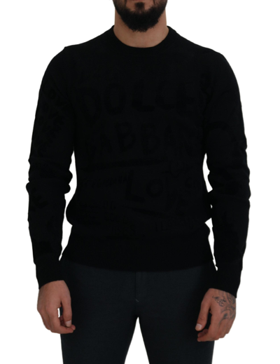 Shop Dolce & Gabbana Black Wool Logo Pattern Crewneck Pullover Sweater