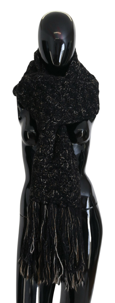 Shop Dolce & Gabbana Black Wool Knitted Wrap Foulard Fringe Scarf