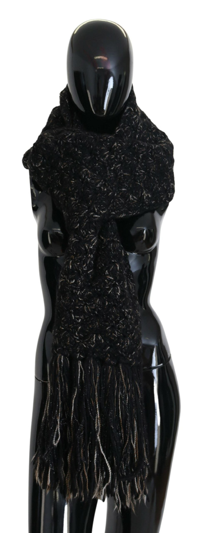 Dolce & Gabbana Black Wool Knitted Wrap Foulard Fringe Scarf In Black