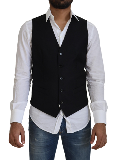 Shop Dolce & Gabbana Black Wool Stretch Waistcoat Formal Vest
