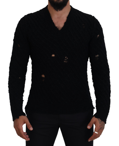 Shop Dolce & Gabbana Black Wool V-neck Knitted Pullover Sweater