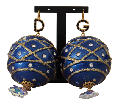 Shop Dolce & Gabbana Blue Christmas Ball Crystal Hook Gold Brass Earrings