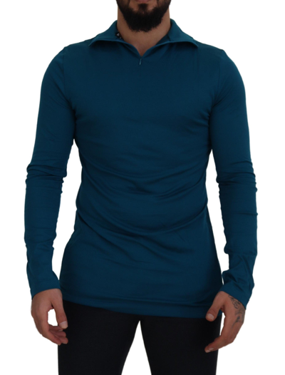 Shop Dolce & Gabbana Blue Cotton Collared Slim Pullover Sweater