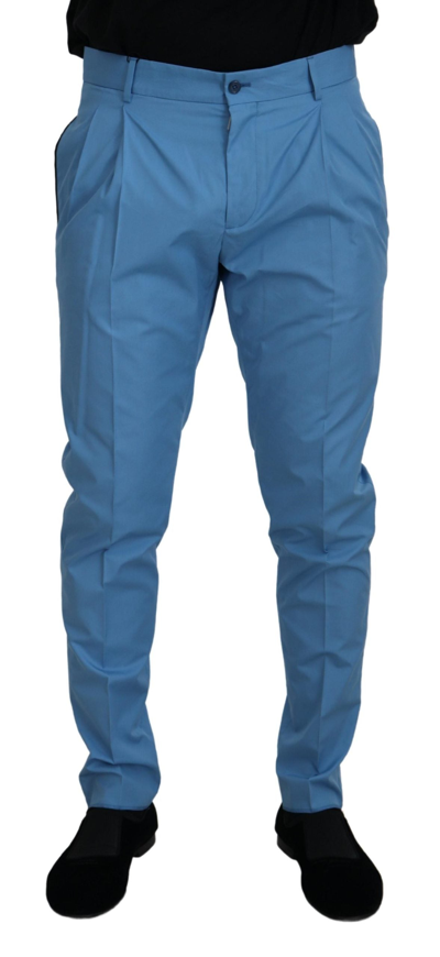 Shop Dolce & Gabbana Blue Cotton Silk Trousers Chinos Pants