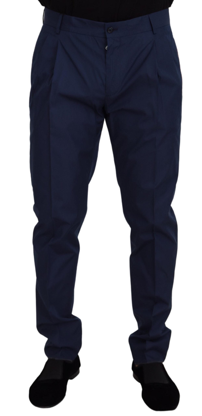 Shop Dolce & Gabbana Blue Cotton Silk Trousers Chinos Pants