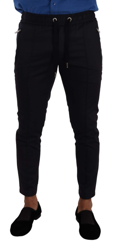 Dolce & Gabbana Black Viscose Skinny Logo Men Jogger Pants In Blue