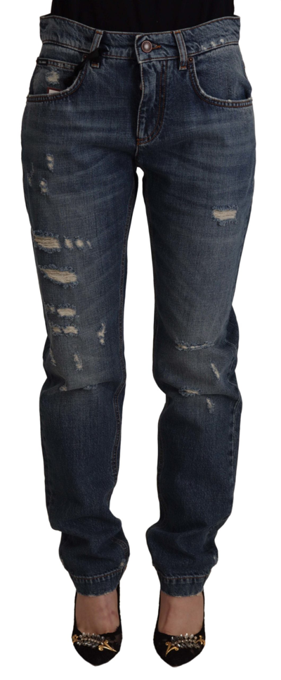 Dolce & Gabbana Blue Denim Baroque Heart Logo Patch Pants Jeans In Blue