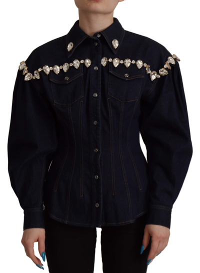 Shop Dolce & Gabbana Blue Denim Crystal Embellish Cotton Jacket